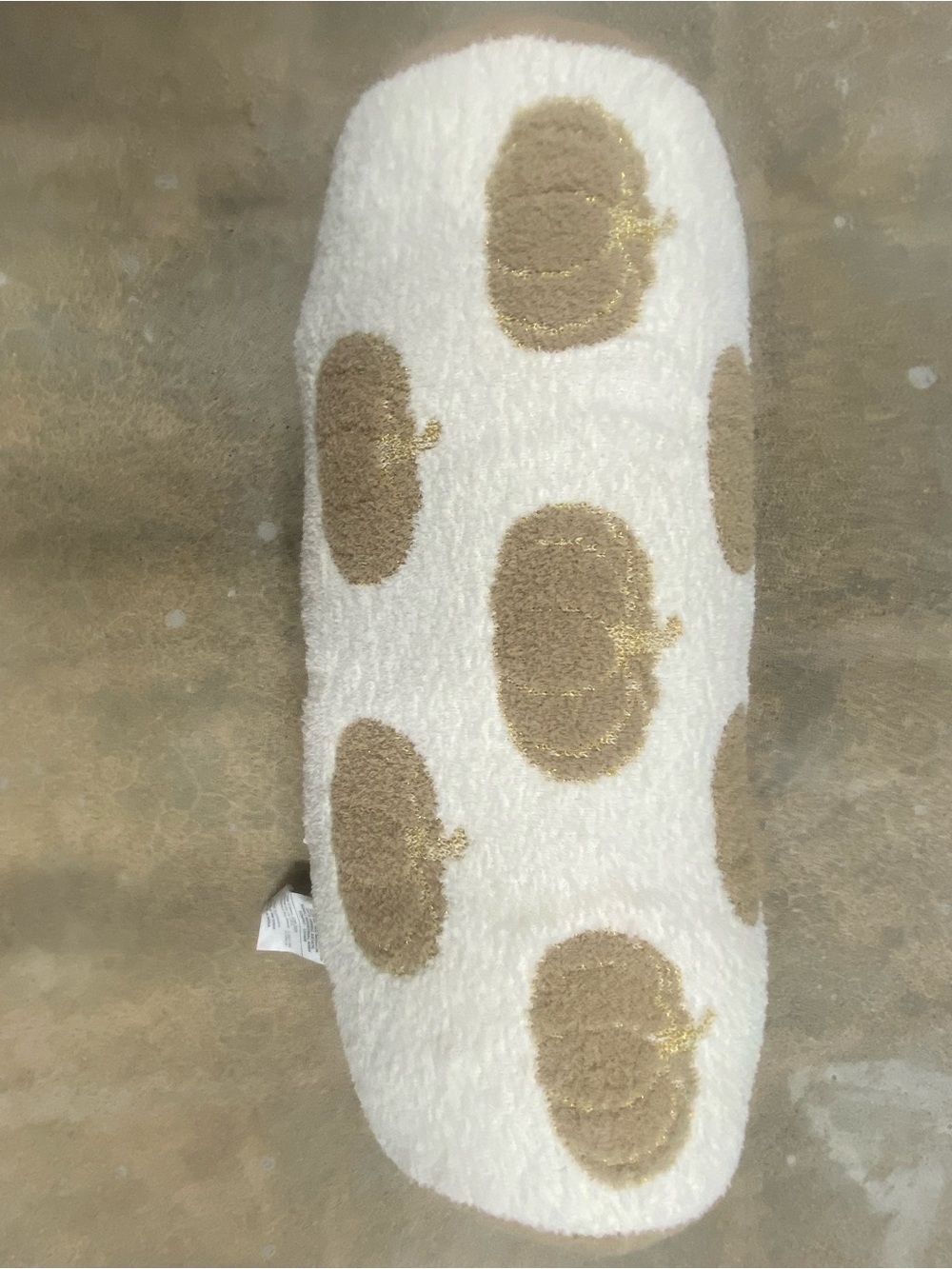 Cream Plush Lumbar Pillow with Tan Pumpkin Motifs and Gold Thread